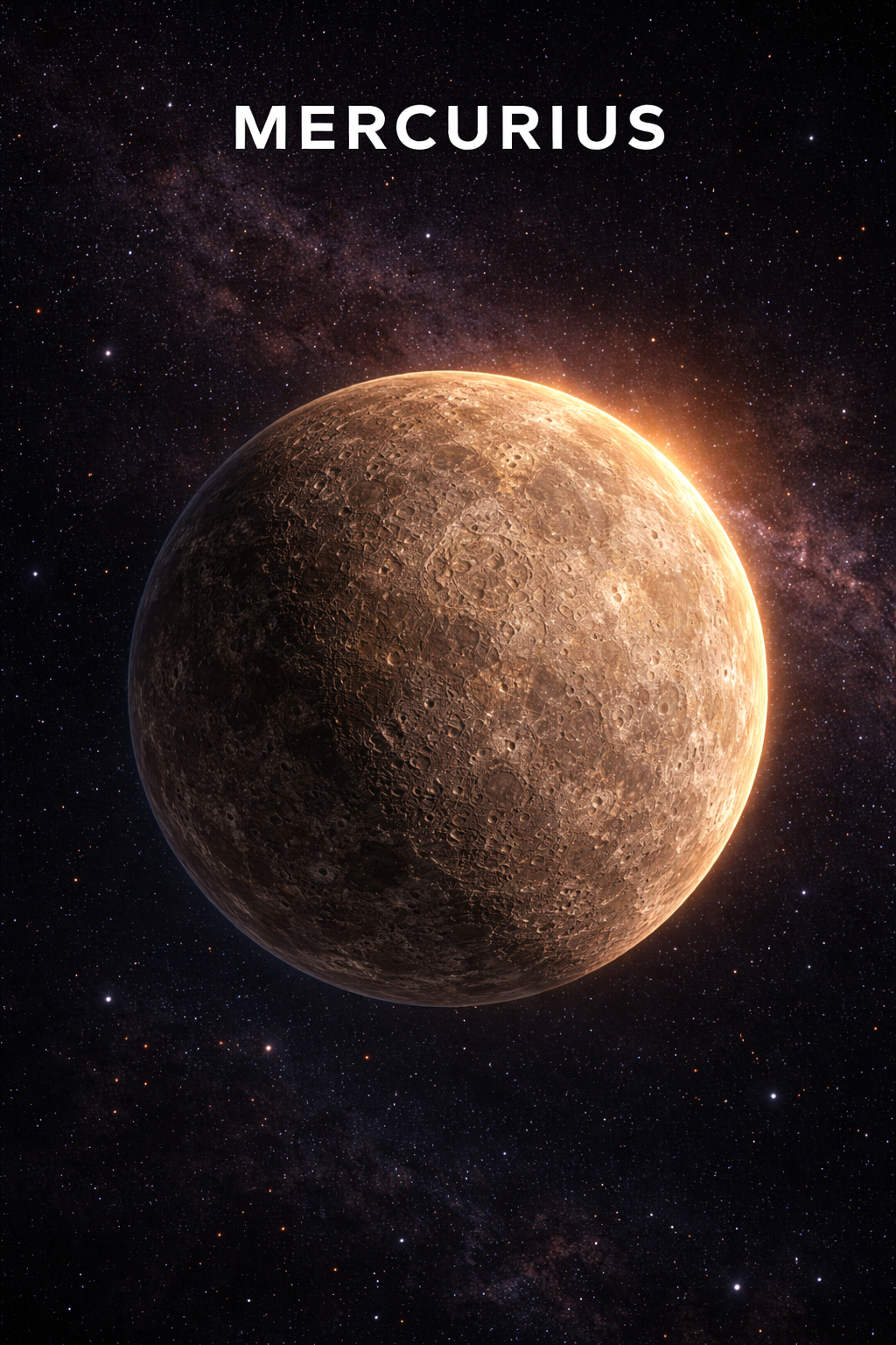 A small rocky brown world with sunlight glowing along one side.