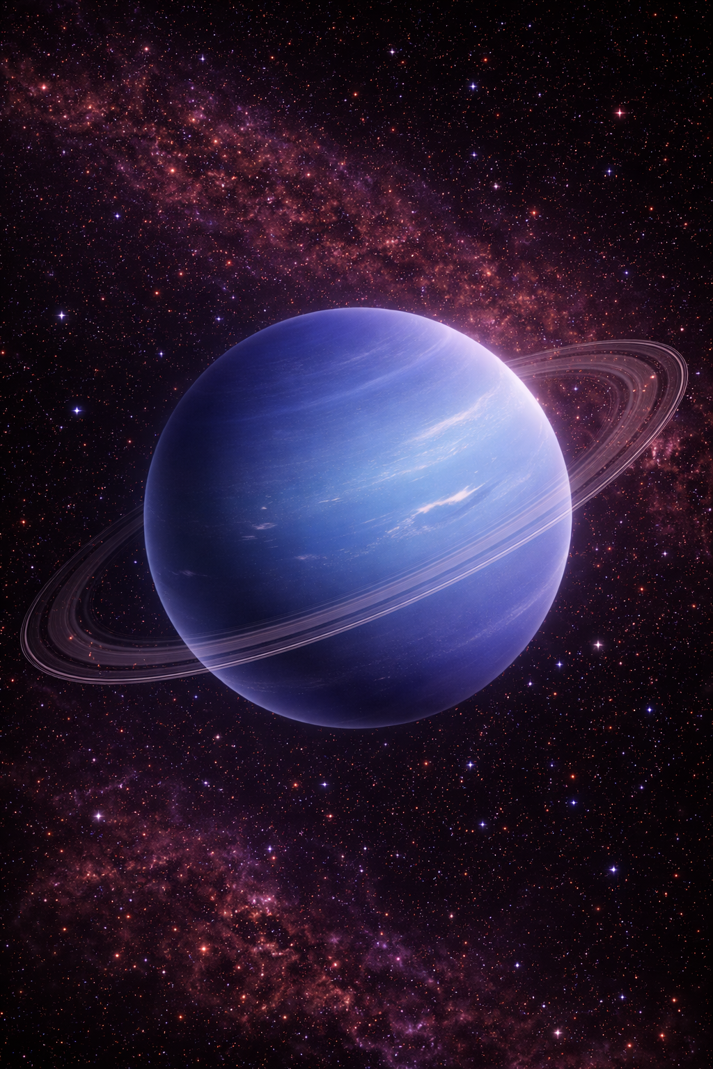 A deep blue planet with a thin ring in front and stars behind it.