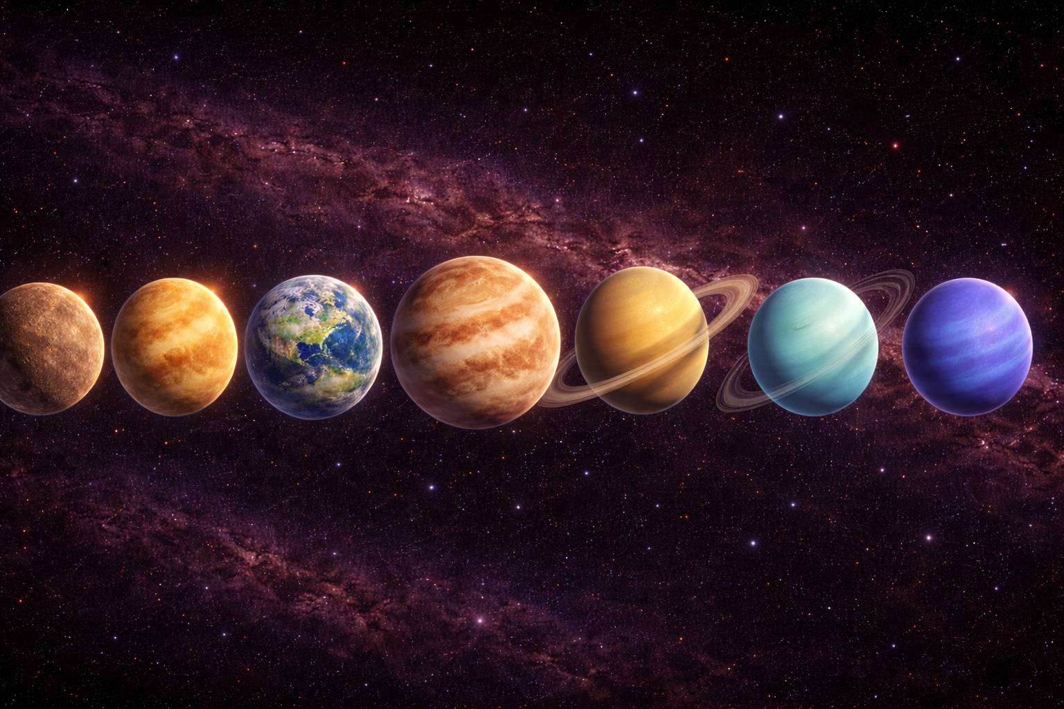 A lineup of planets that shows the difference between the inner and outer groups.