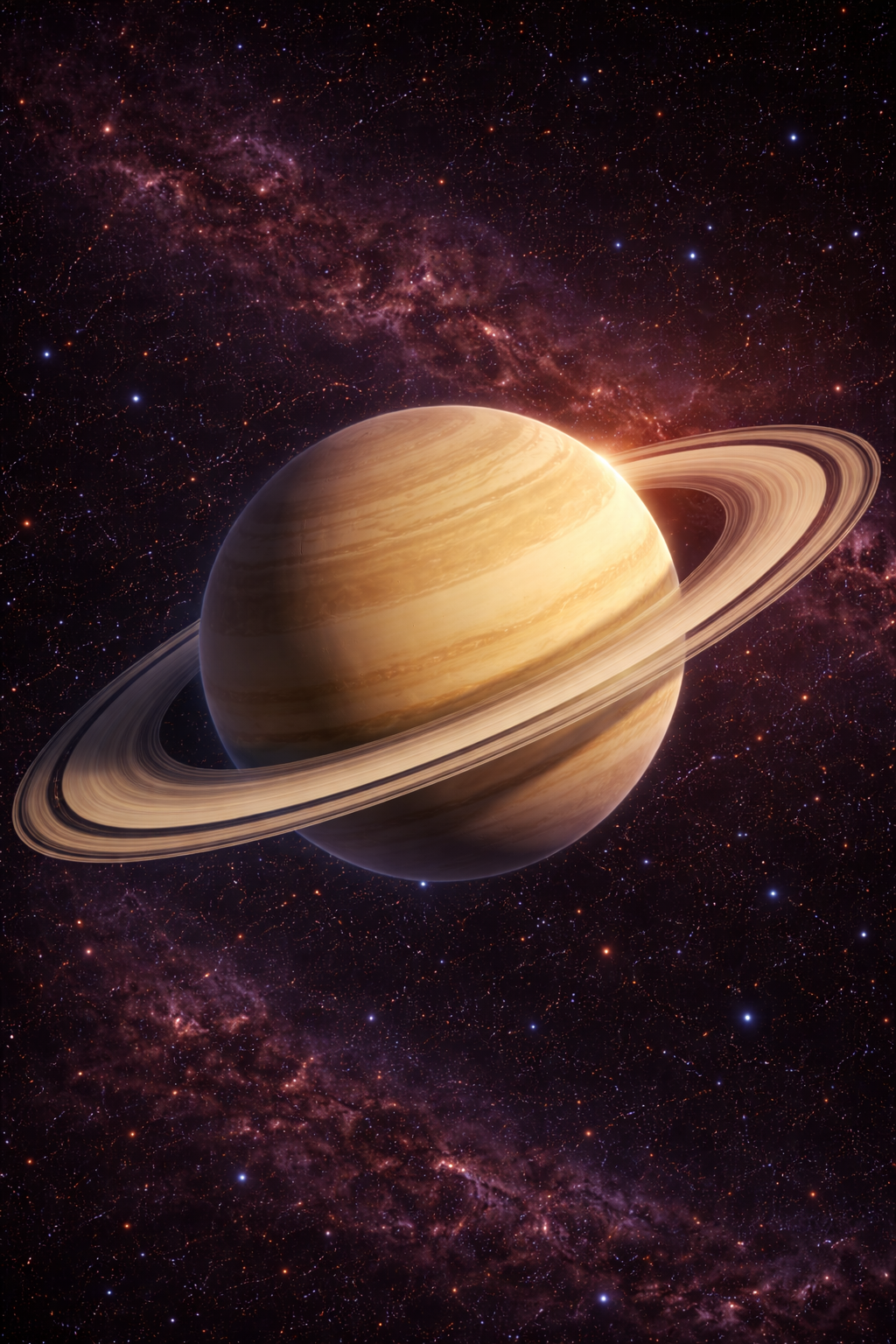 A golden planet with wide rings around it.